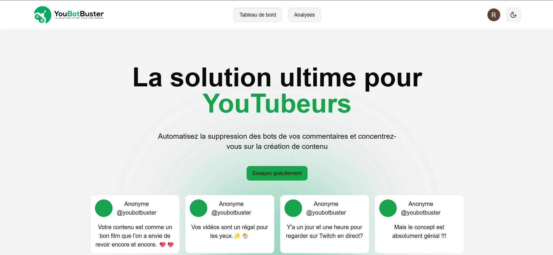 Page d'accueil de YouBotbuster