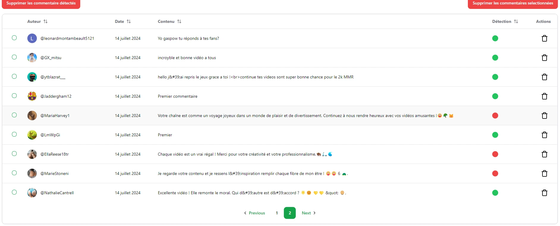 Interface de scan des commentaires
